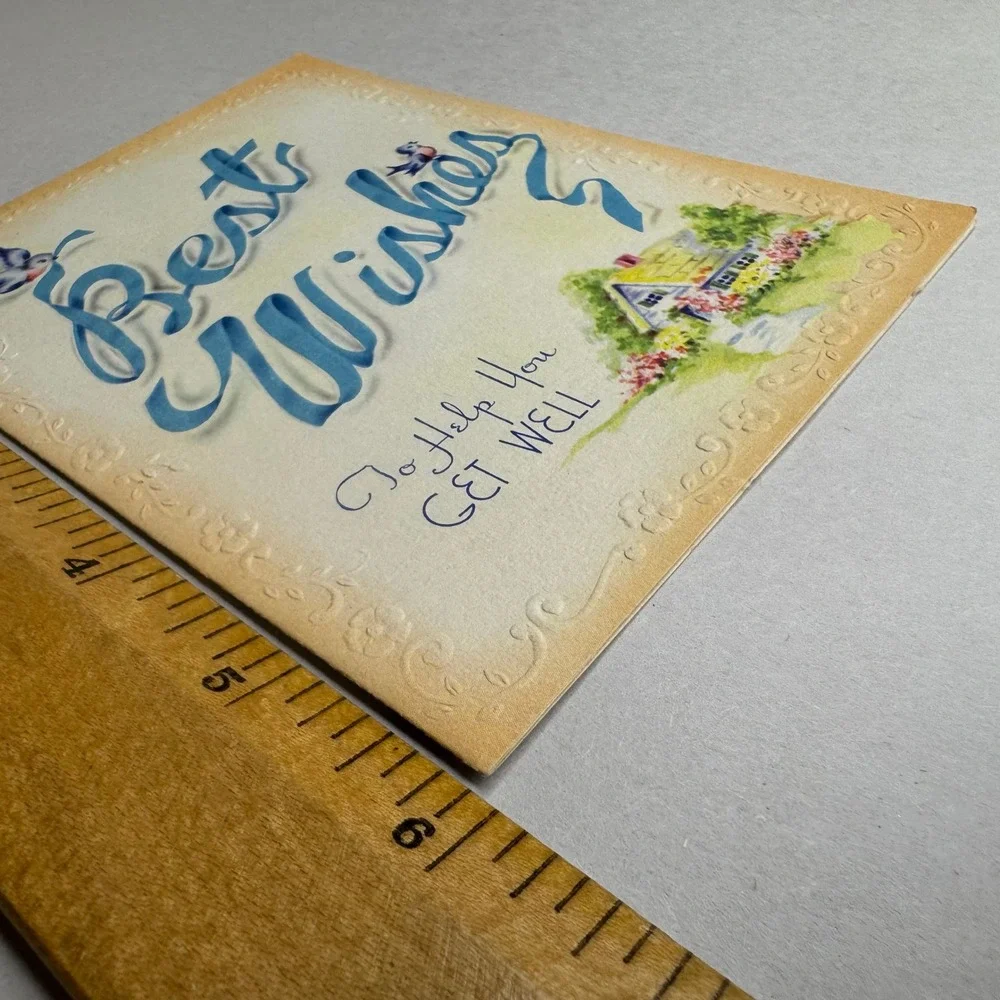 Vintage Get Well Card Best Wishes Blue Birds Cottage Embossed Unused 1950s